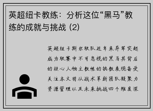 英超纽卡教练：分析这位“黑马”教练的成就与挑战 (2)