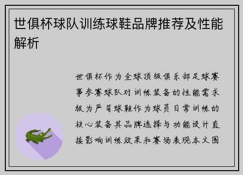 世俱杯球队训练球鞋品牌推荐及性能解析